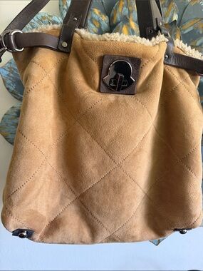 Moncler Shearling and Leather Quilted Tote Bag- Camel